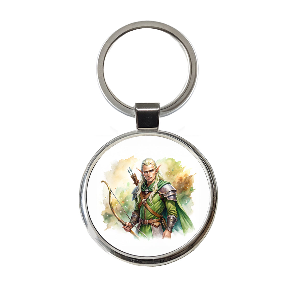 Fantasy Male Elven Ranger Archer Warrior Watercolor Round Metal Keychain