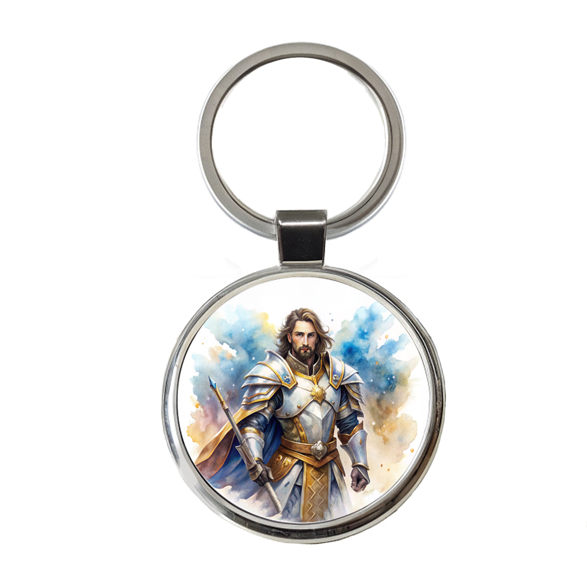 Fantasy Male Paladin Warrior Watercolor Round Metal Keychain
