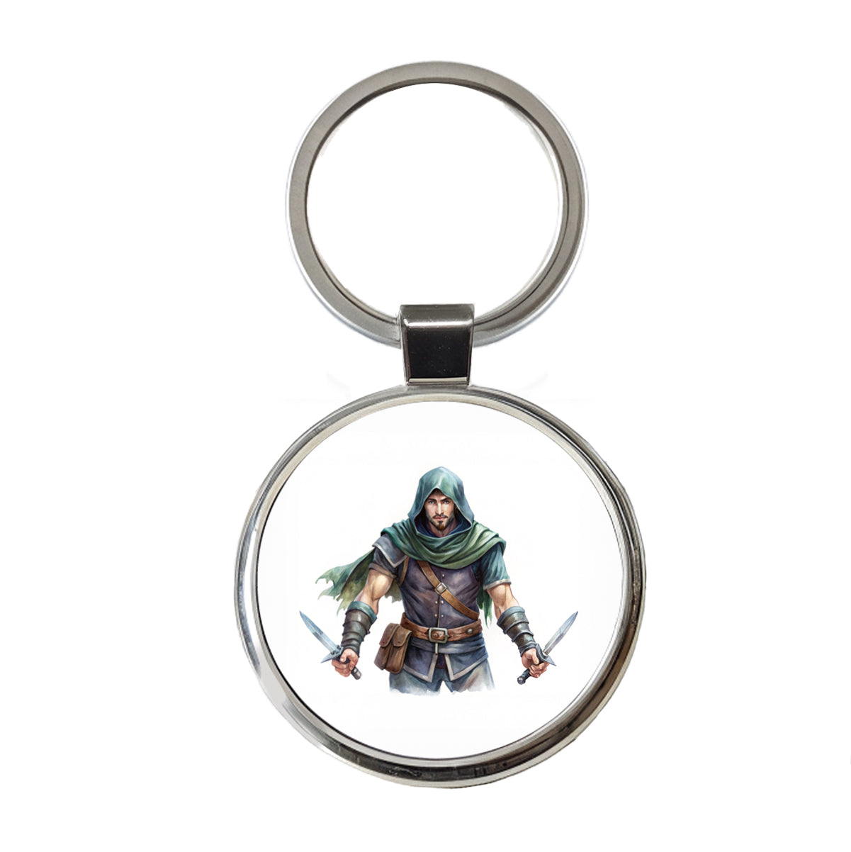 Fantasy Male Thief Rogue with Daggers Watercolor Round Metal Keychain
