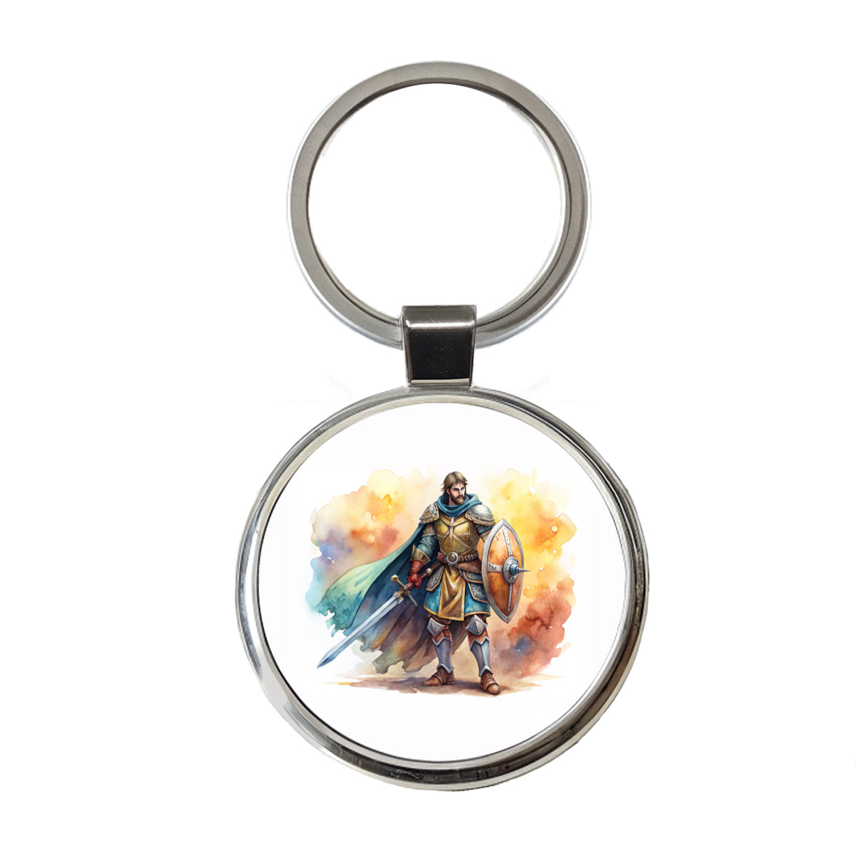 Fantasy Male Warrior Fighter With Sword And Shield Tank Round Metal Keychain