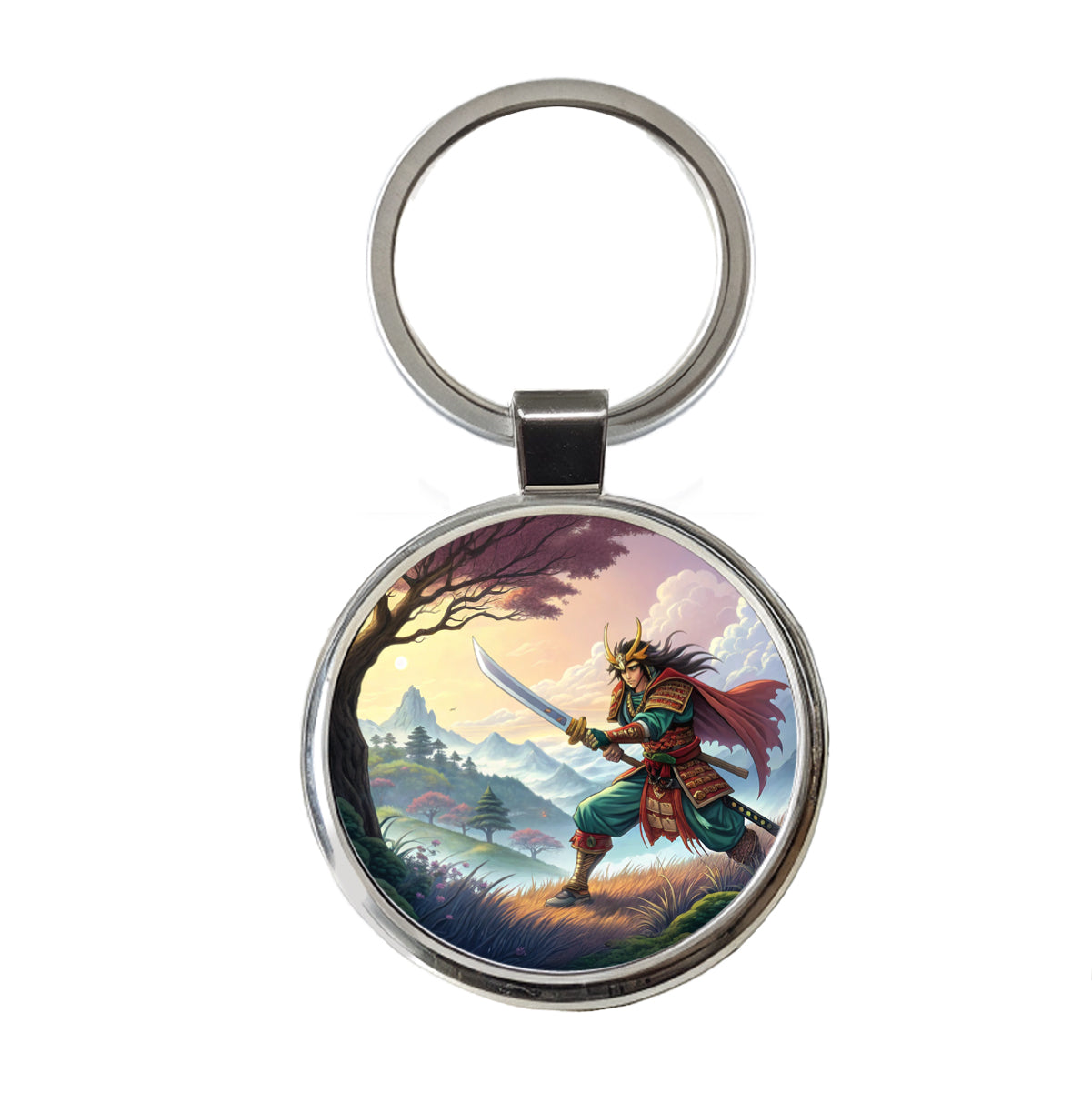 Fantasy Warrior with Sword Classic Japanese Anime Style Round Metal Keychain