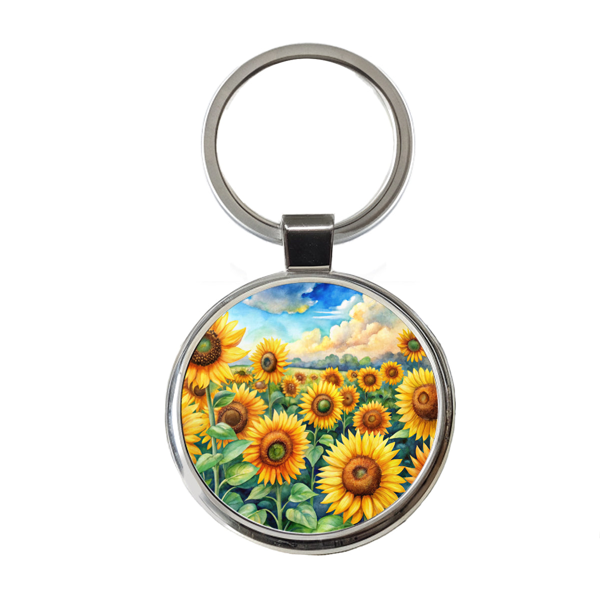 Field Of Sunflowers Watercolor Round Metal Keychain