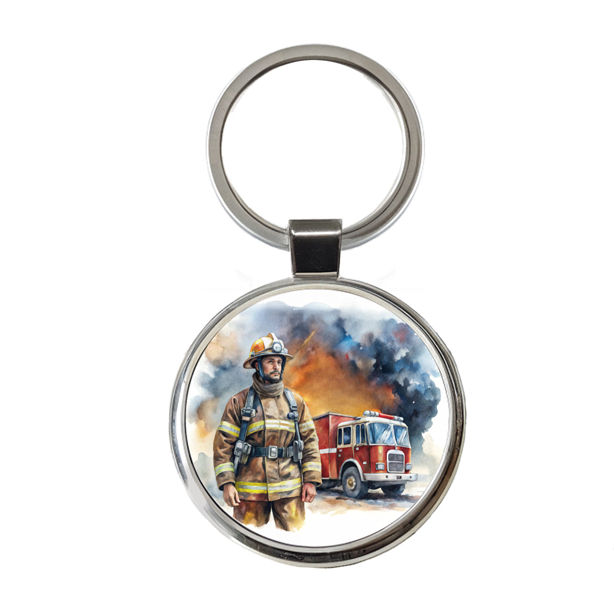 Firefighter and Fire Engine Watercolor Round Metal Keychain
