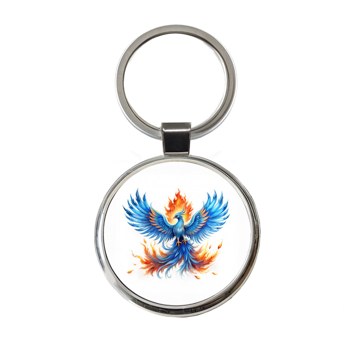 Flaming Blue Phoenix Rising Fantasy Watercolor Round Metal Keychain