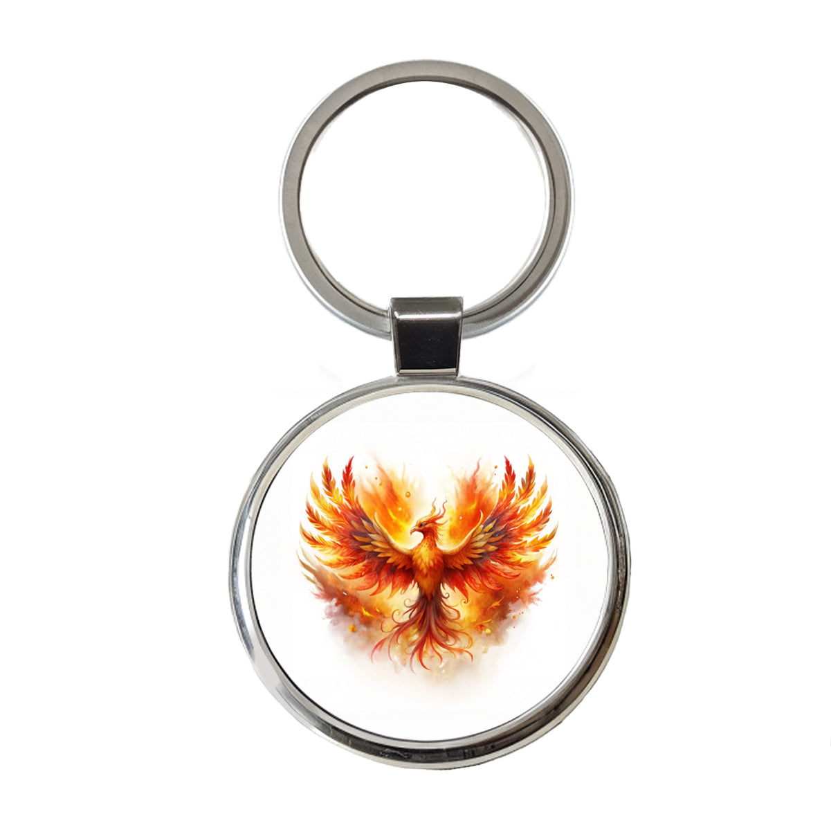 Flaming Phoenix Rising Fantasy Watercolor Round Metal Keychain