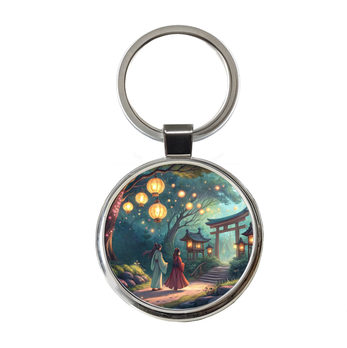 Forest Temple Entrance Torii Gate Fantasy Japanese Anime Style Round Metal Keychain