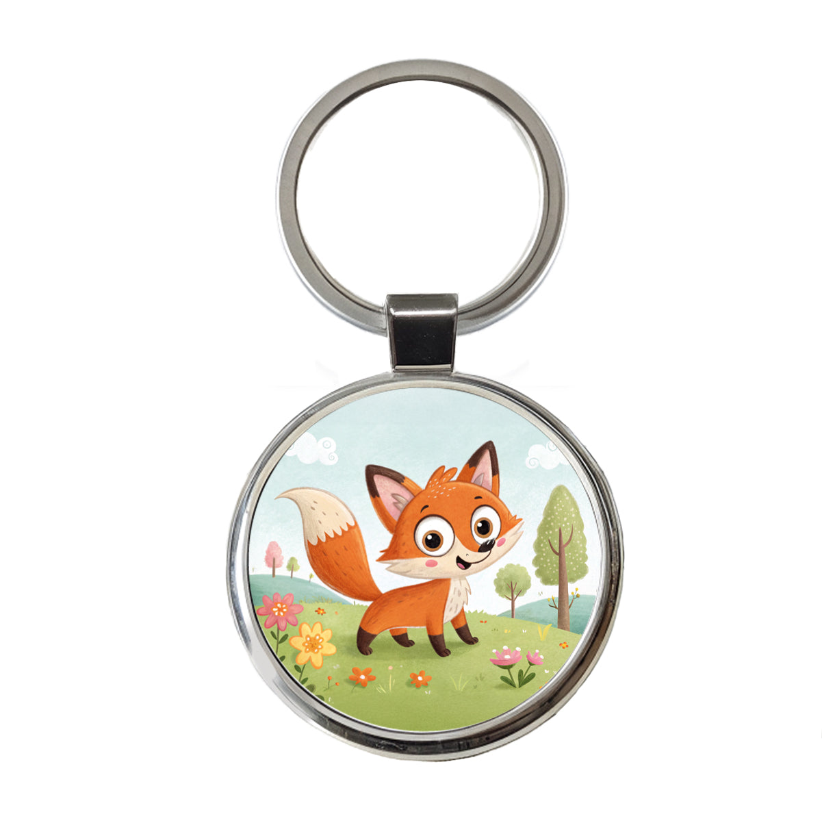 Fox Children's Illustration Style Round Metal Keychain