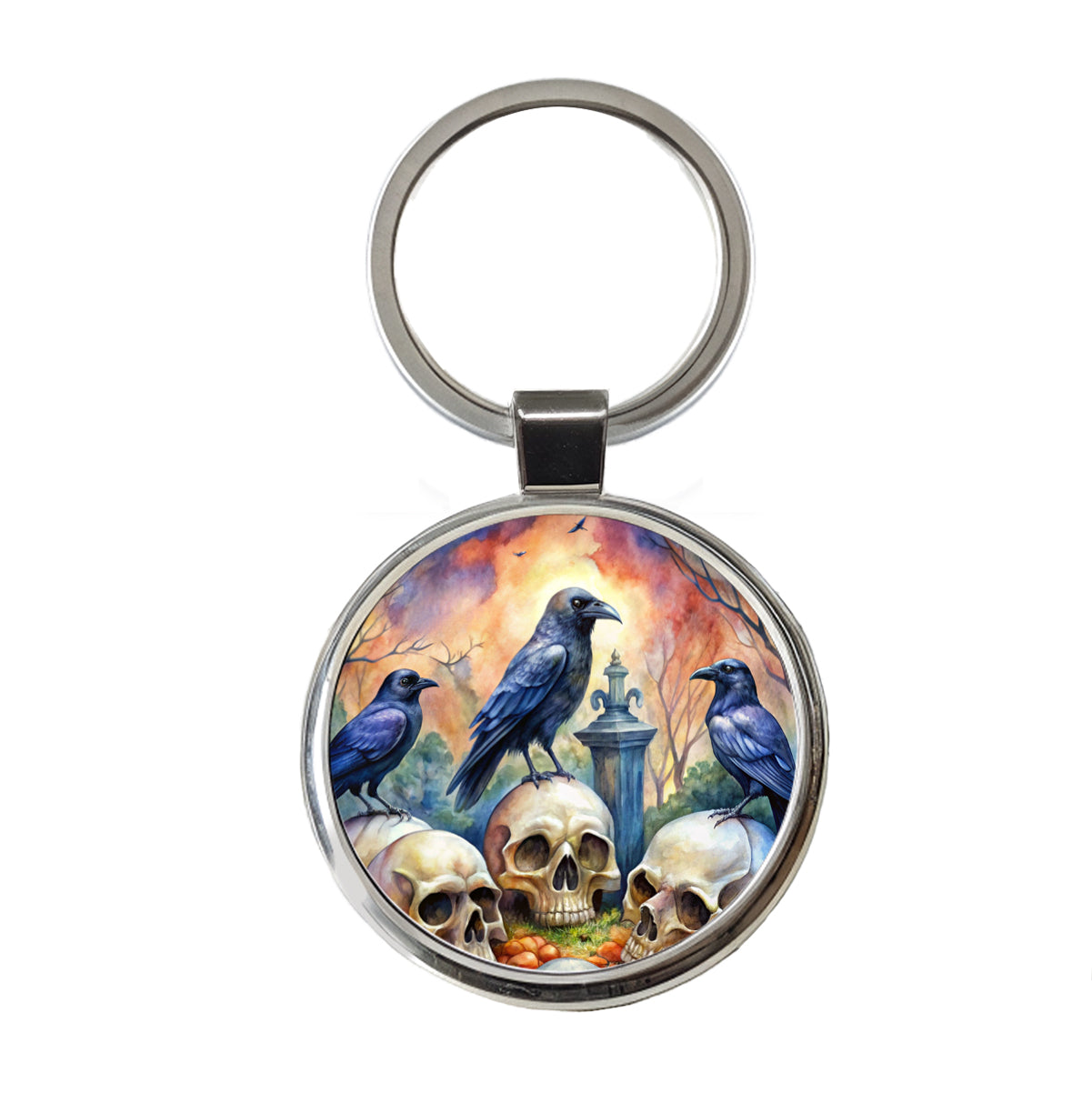 Gothic Raven Death Skulls Watercolor Round Metal Keychain