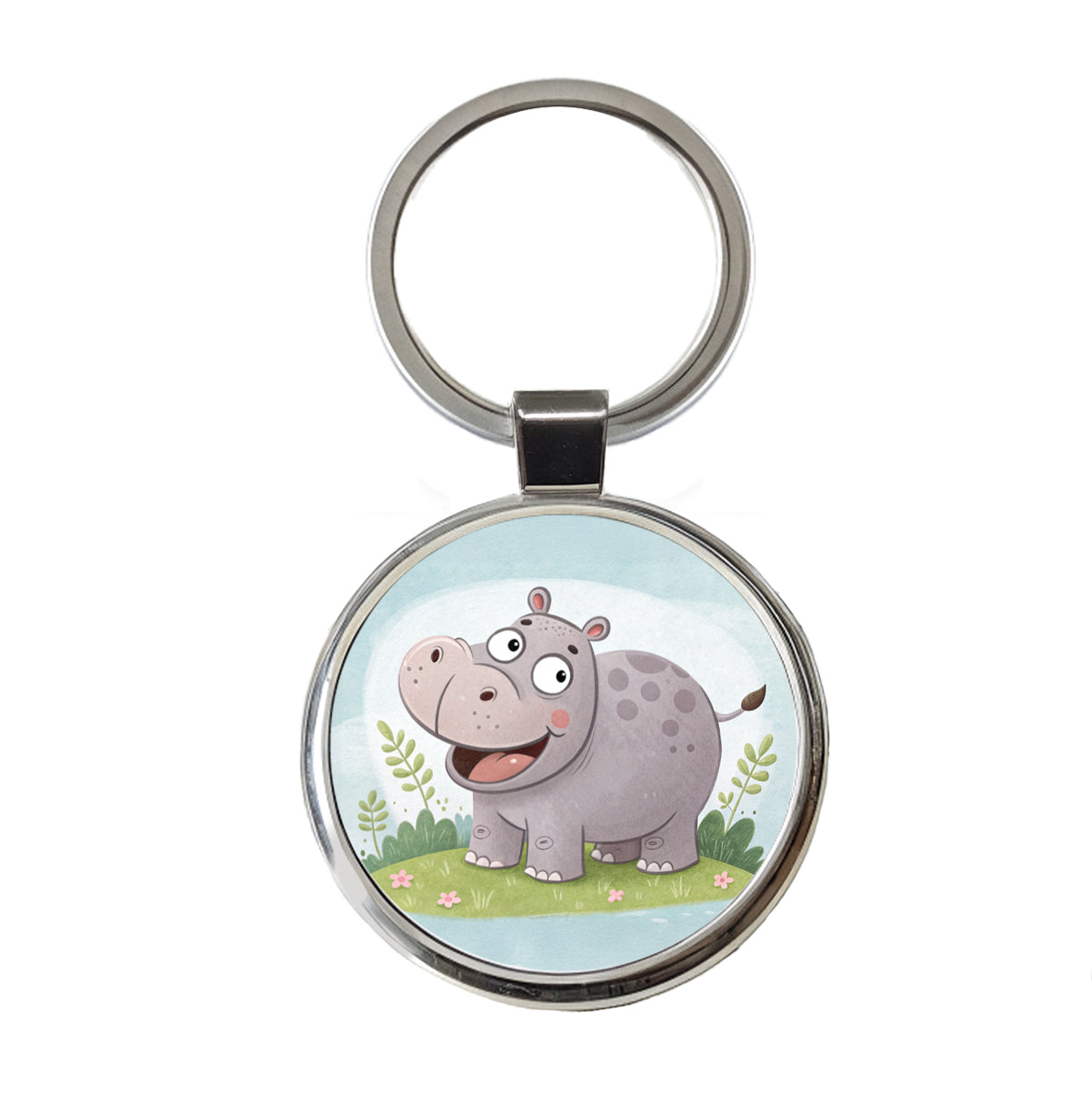 Hippo Children's Illustration Style Round Metal Keychain