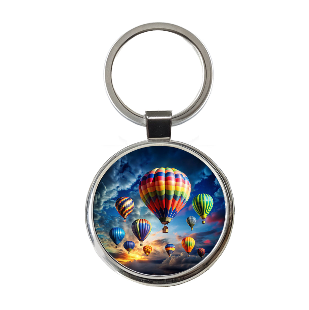 Hot Air Balloons Against a Cloud Covered Deep Blue Sky Round Metal Keychain