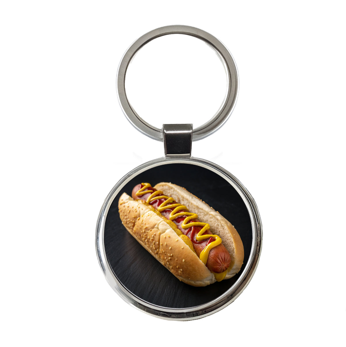 Hot Dog In Bun With Mustard and Ketchup Round Metal Keychain