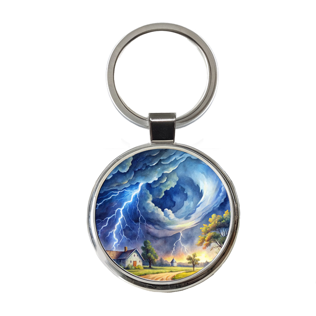 Hurricane and Lightning At Night in the Country Watercolor Round Metal Keychain