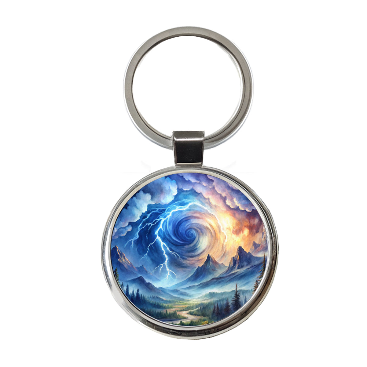 Hurricane and Lightning At Night in the Mountains Watercolor Round Metal Keychain