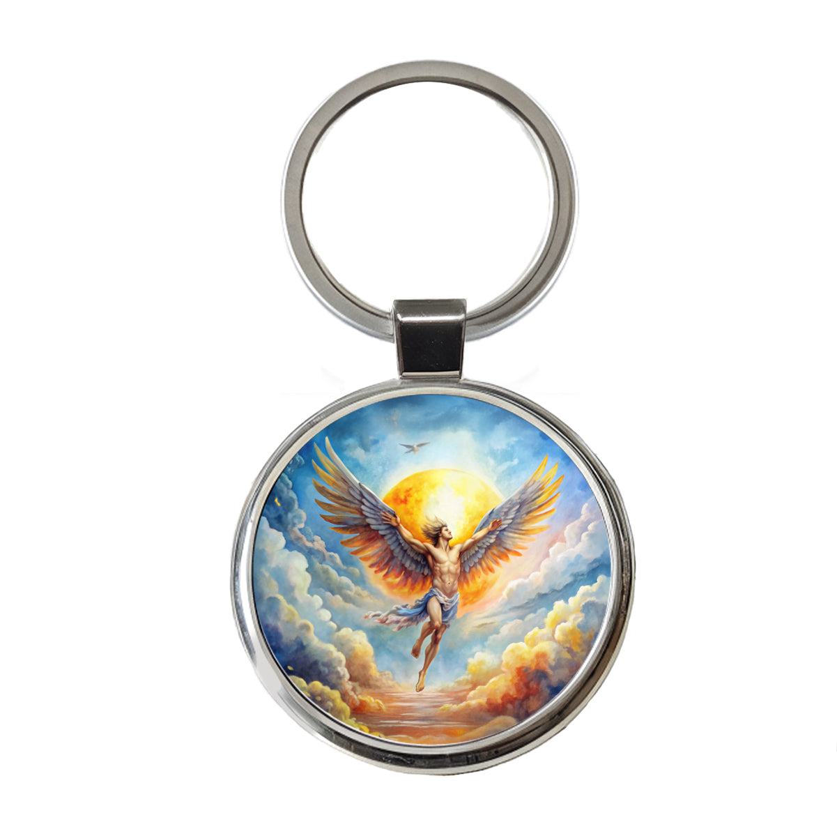 Icarus Flying Too Close To The Sun Greek Myth Watercolor Round Metal Keychain