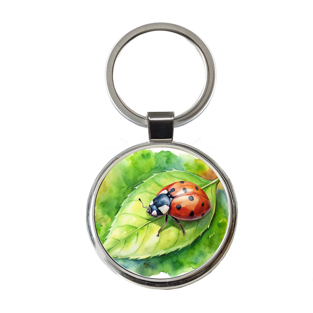 Ladybug On Leaf Watercolor Round Metal Keychain