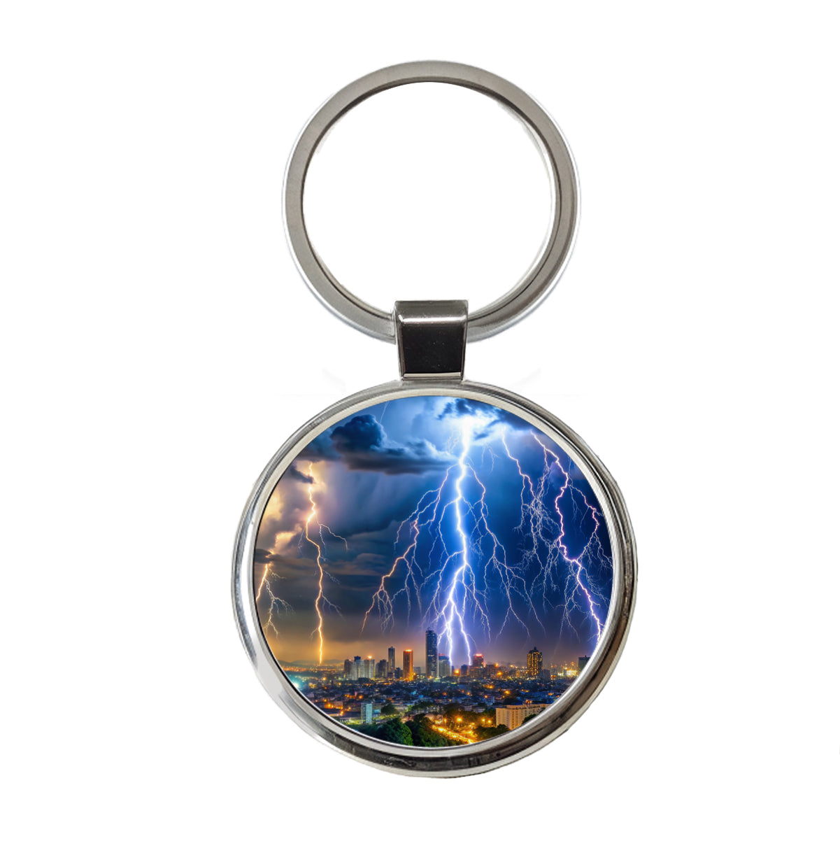 Lighting Strikes Over City At Night Round Metal Keychain