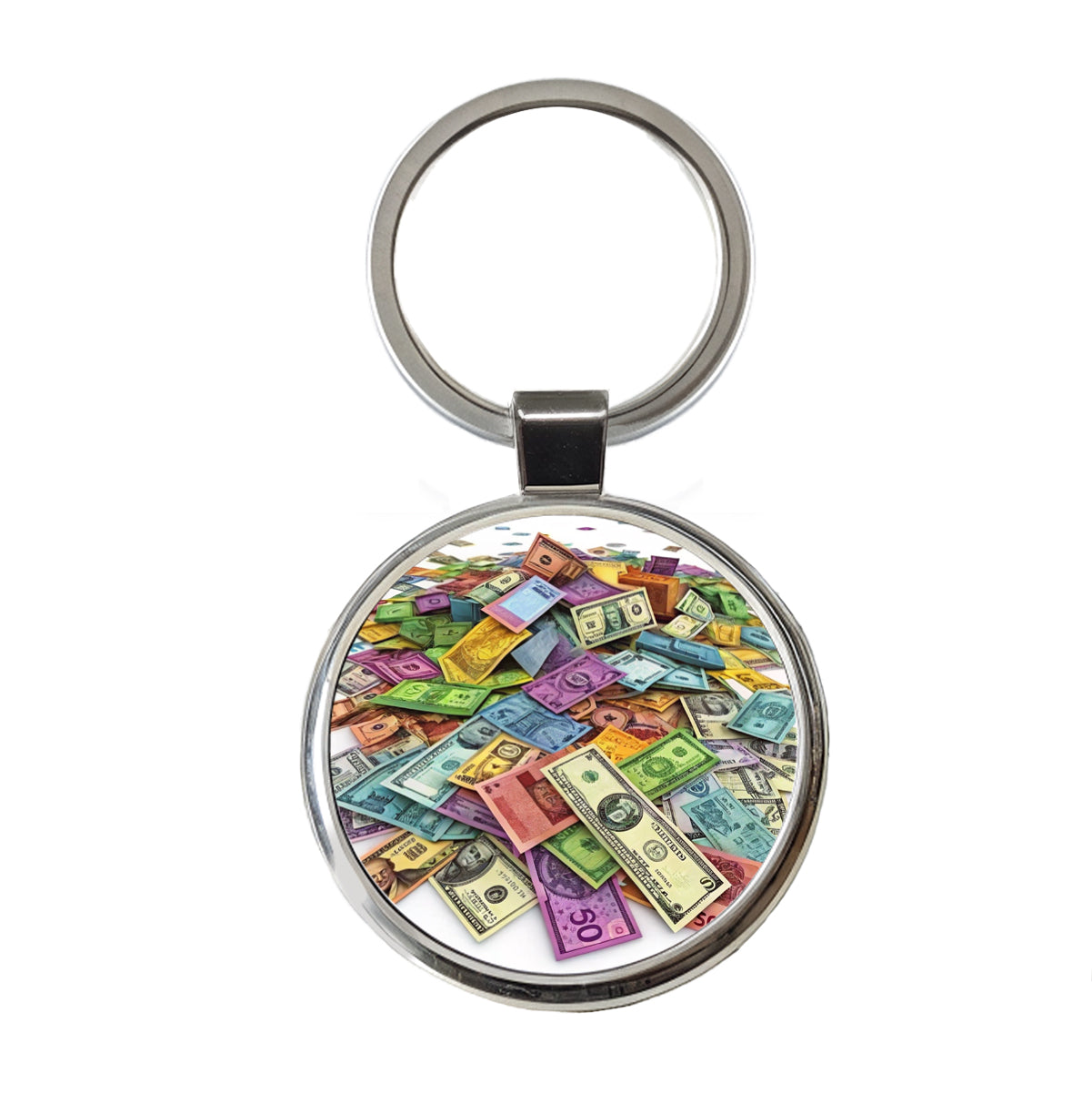 Lots of Colorful Money Monetary Bills Round Metal Keychain