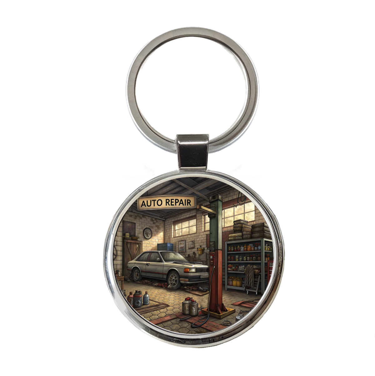 Mechanic's Automotive Repair Garage Round Metal Keychain