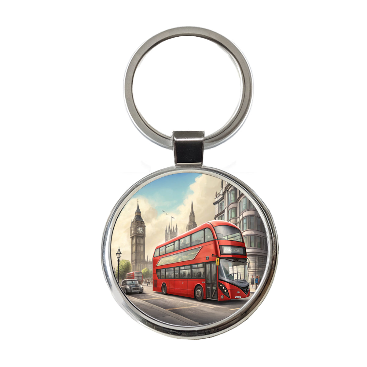 Modern Double Decker Bus In London England Round Metal Keychain