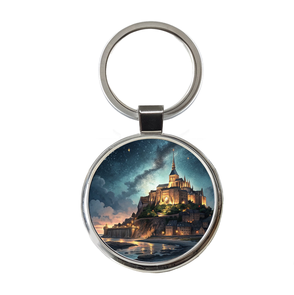 Mont Saint Michel Monastery Lit Up At Night Normandy Round Metal Keychain