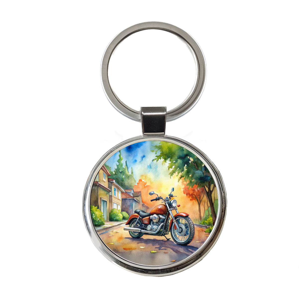 Motorcycle Watercolor Scene Round Metal Keychain