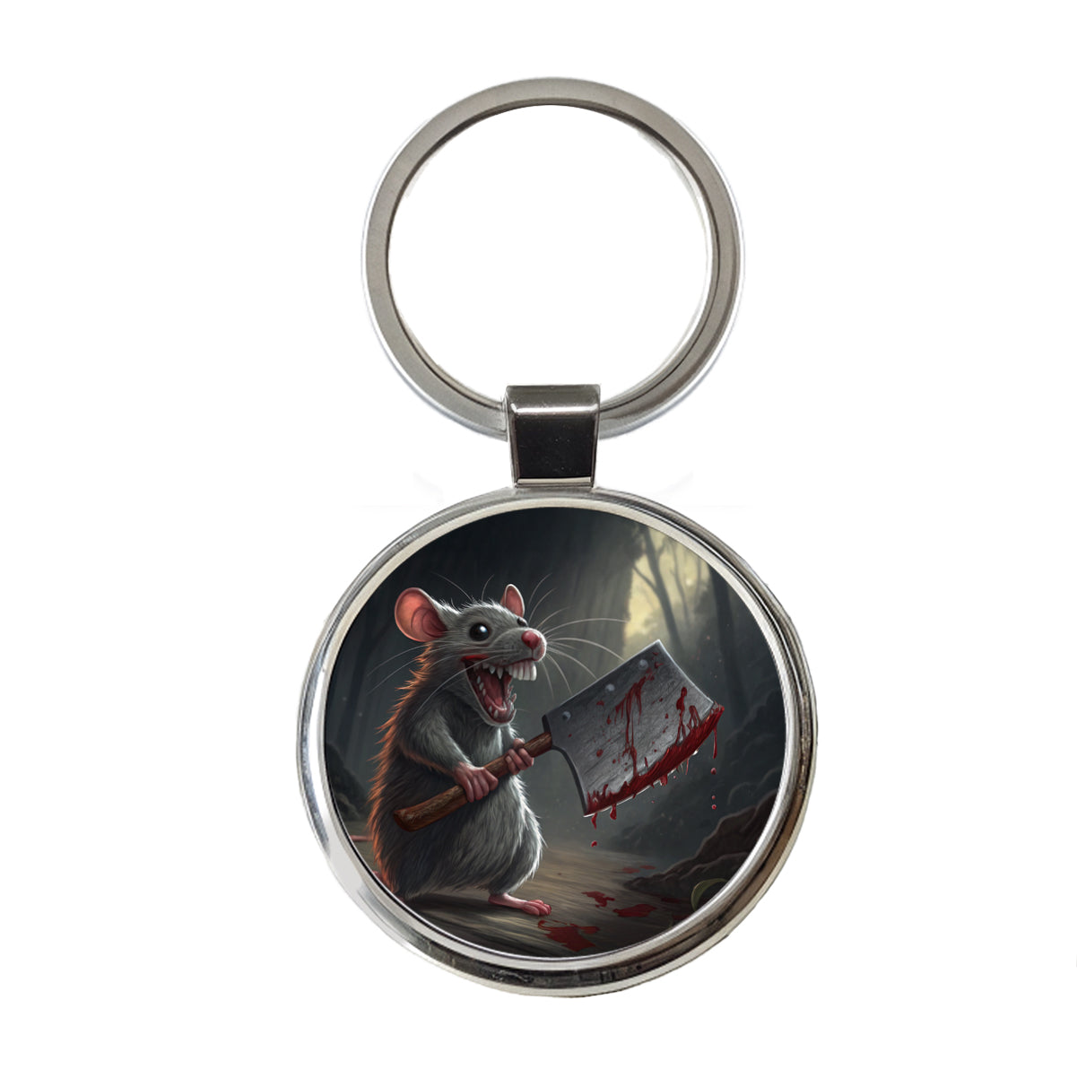 Mouse Holding A Bloody Meat Cleaver Halloween Scary Round Metal Keychain