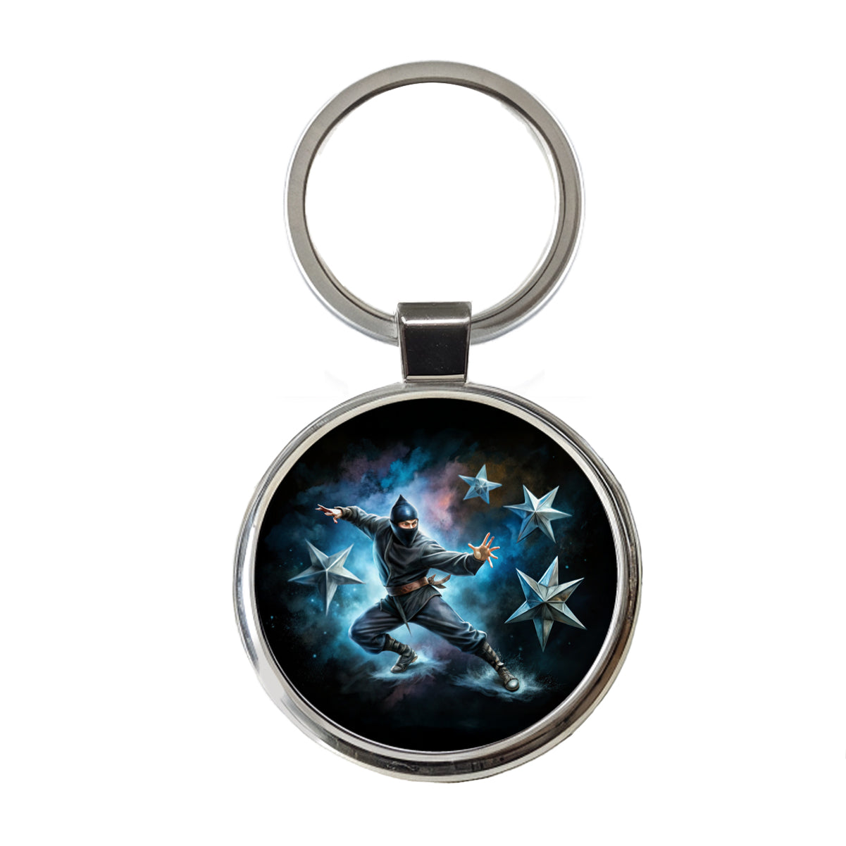 Ninja Warrior Throwing Stars Black Watercolor Round Metal Keychain