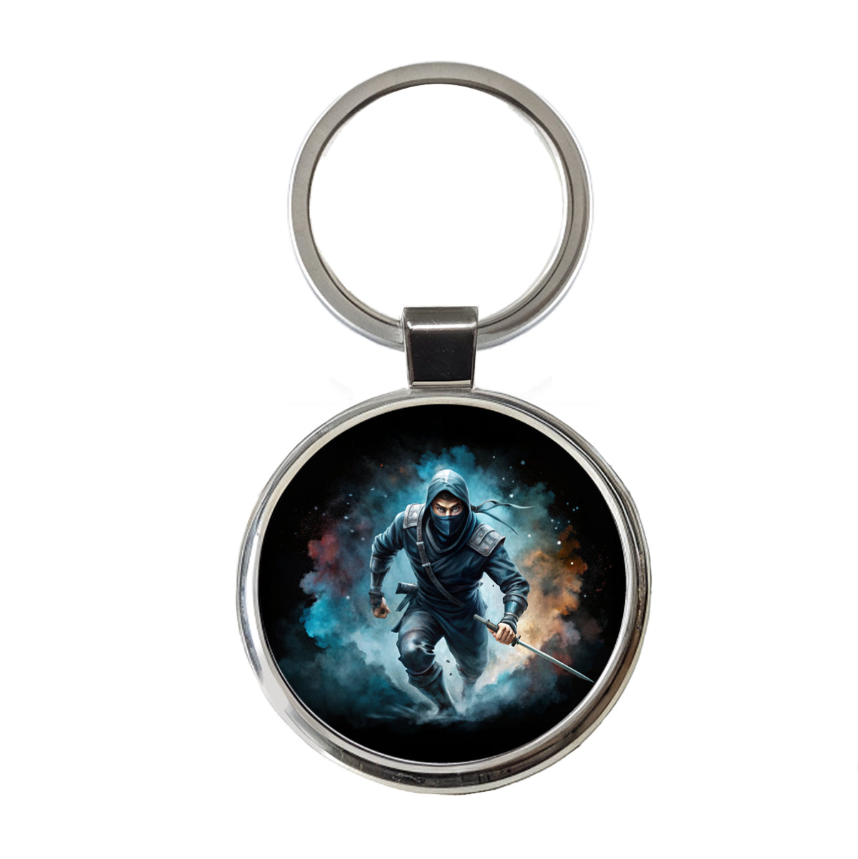 Ninja with Katana Running Black Watercolor Round Metal Keychain