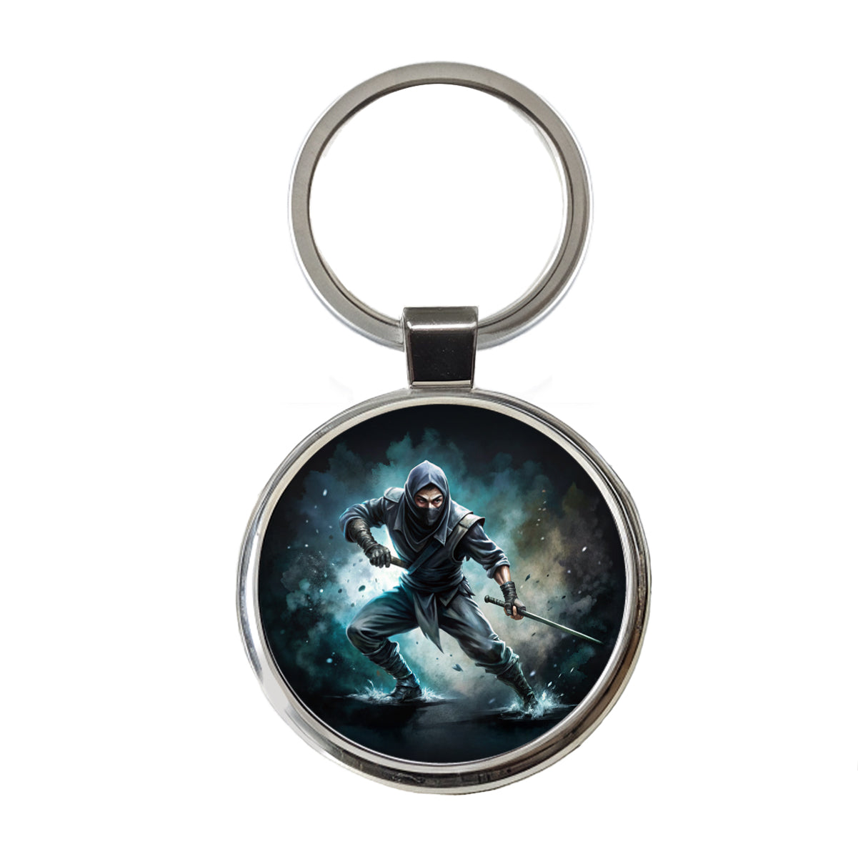 Ninja with Katana Sword Black Watercolor Round Metal Keychain