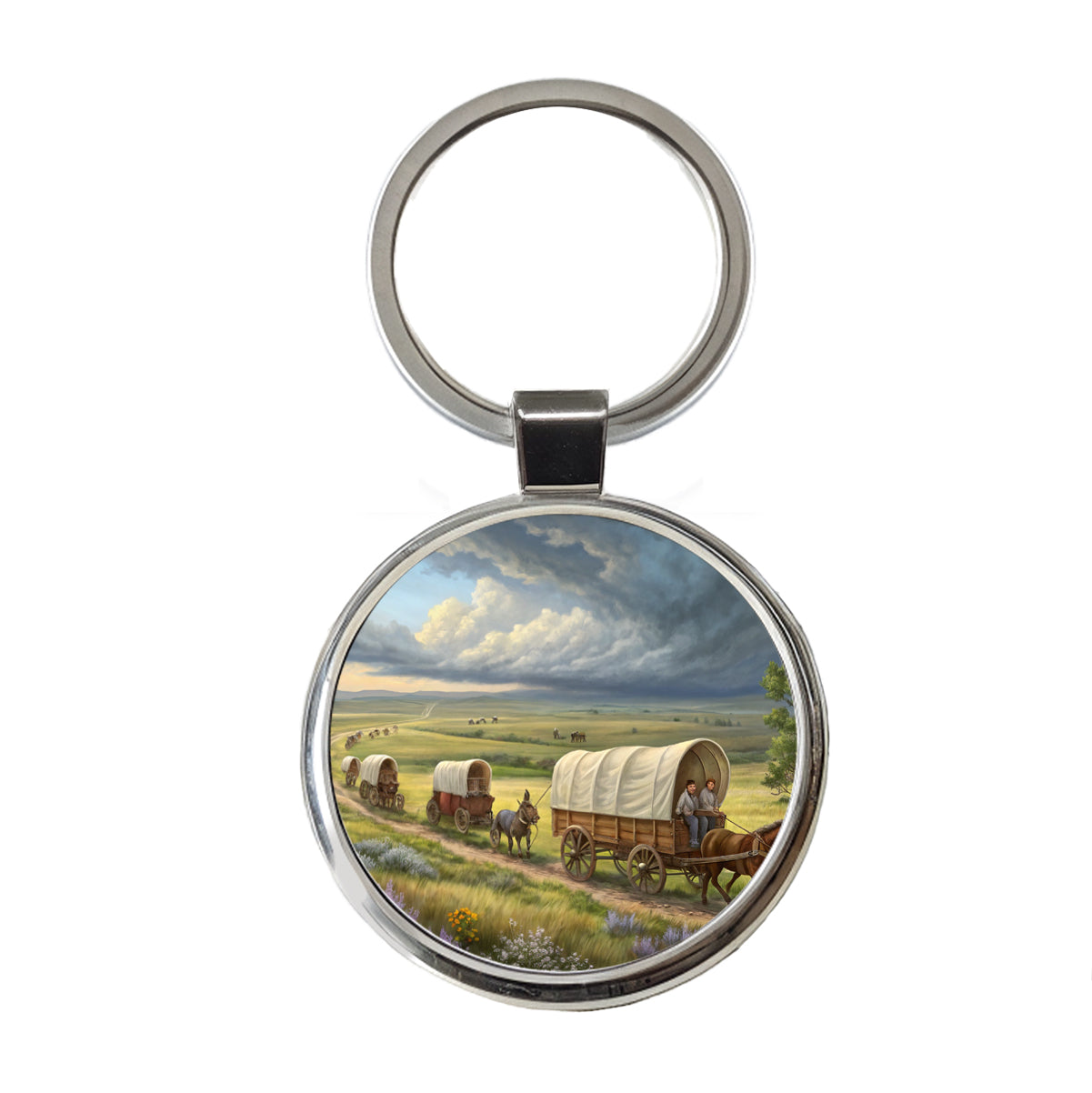 Old West Covered Wagons Crossing The Prairie Western Round Metal Keychain