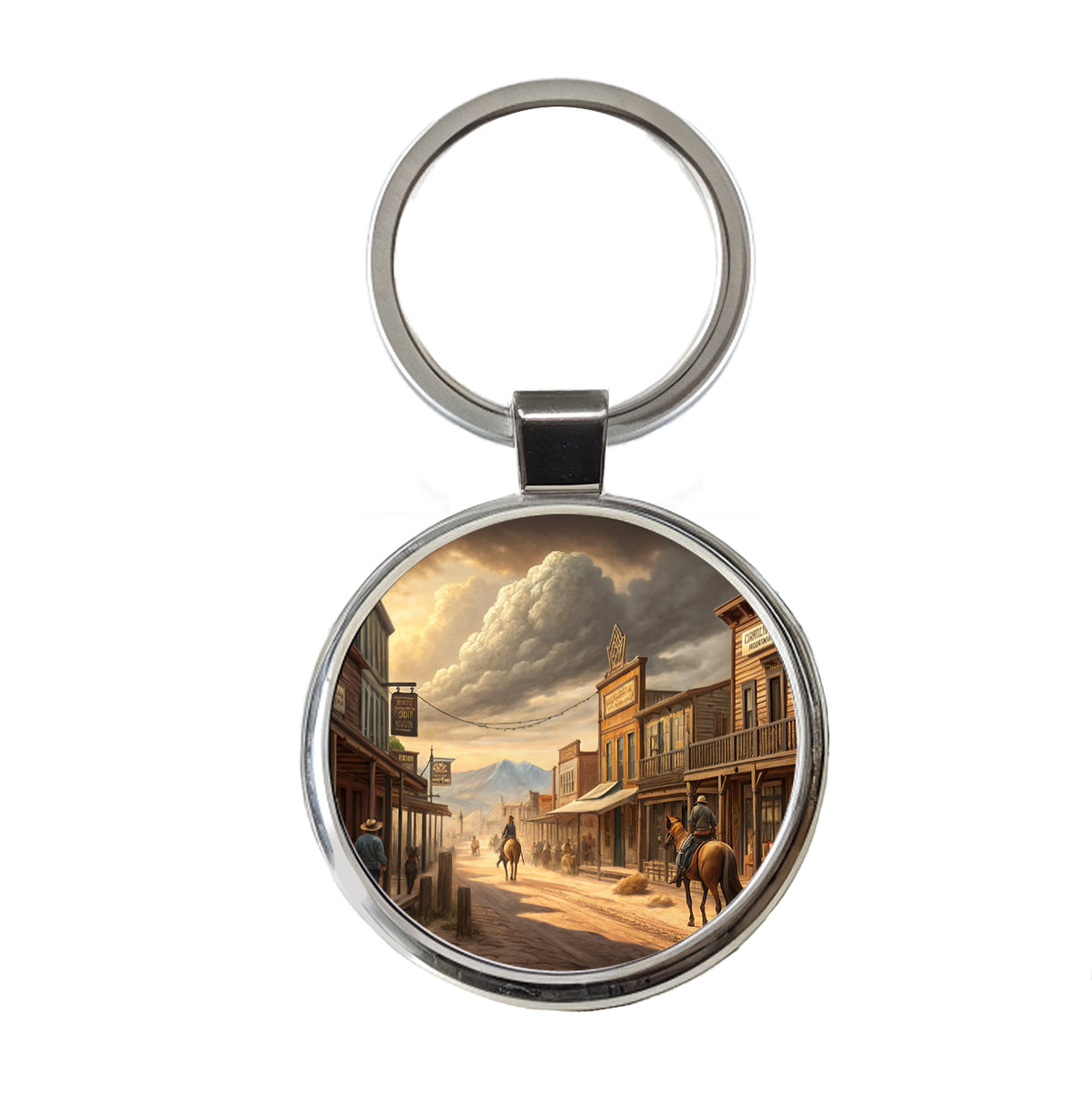 Old West Frontier Town Western Americana Round Metal Keychain