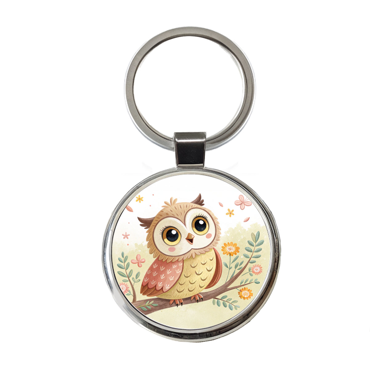 Owl Children's Illustration Style Round Metal Keychain