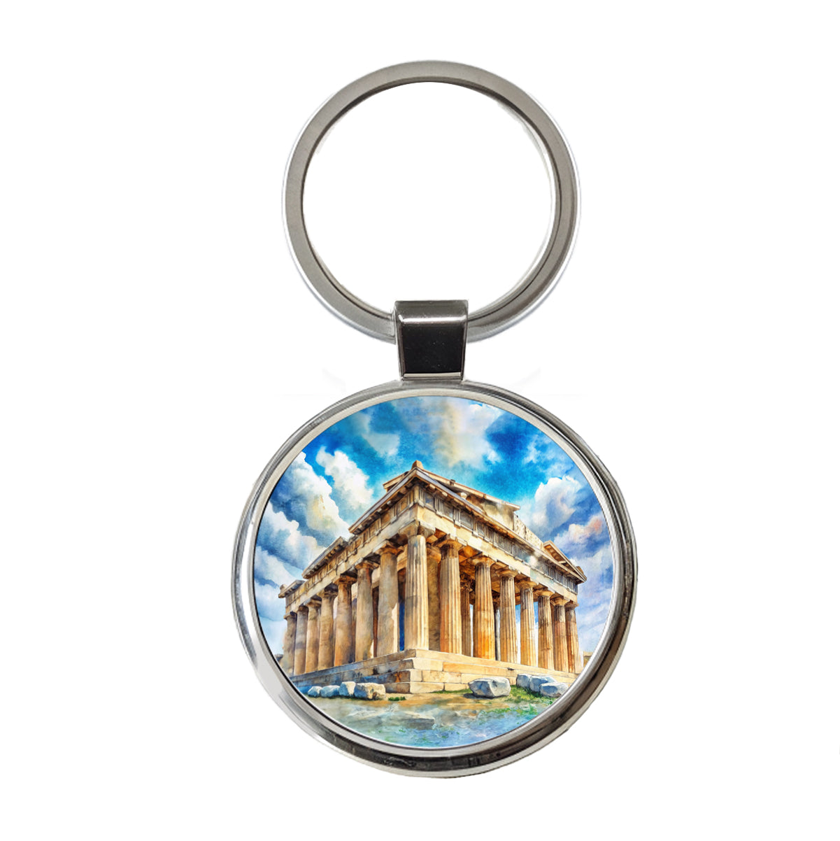 Parthenon Temple Athens Greece Greek Watercolor Round Metal Keychain