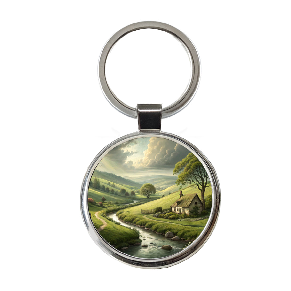 Pastoral Country Landscape Round Metal Keychain