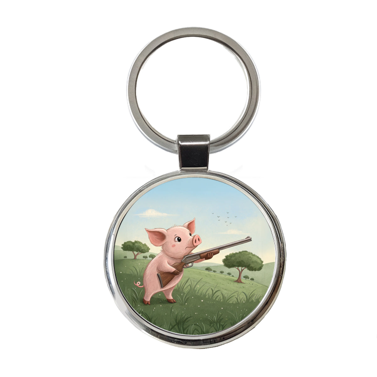 Pink Pig With A Shotgun Round Metal Keychain