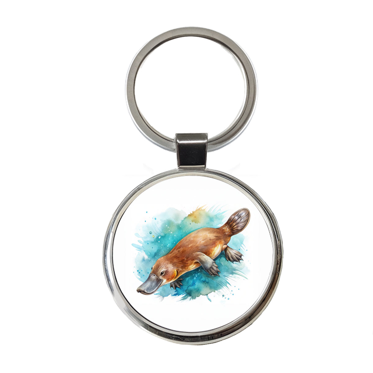 Platypus Swimming Watercolor Round Metal Keychain