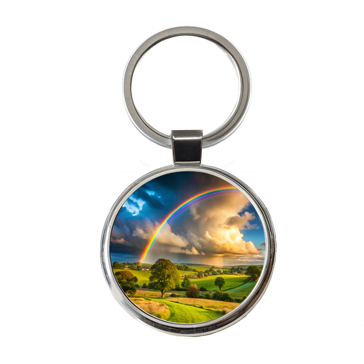 Rainbow After Rain Storm In The Country Round Metal Keychain
