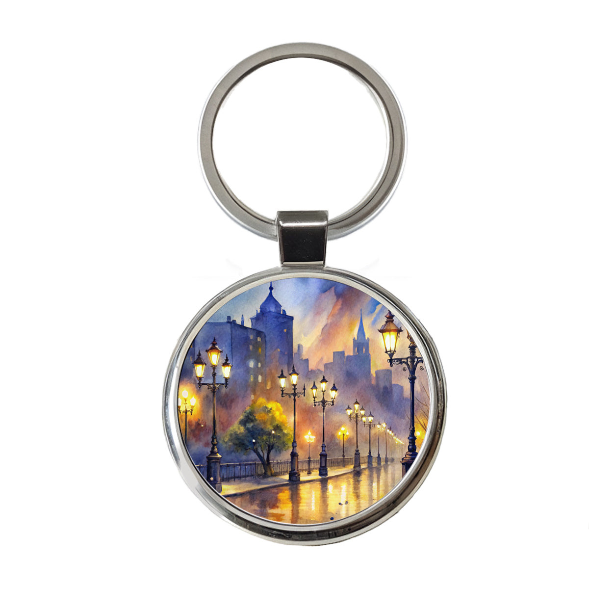 Raining In The City At Night Watercolor Round Metal Keychain
