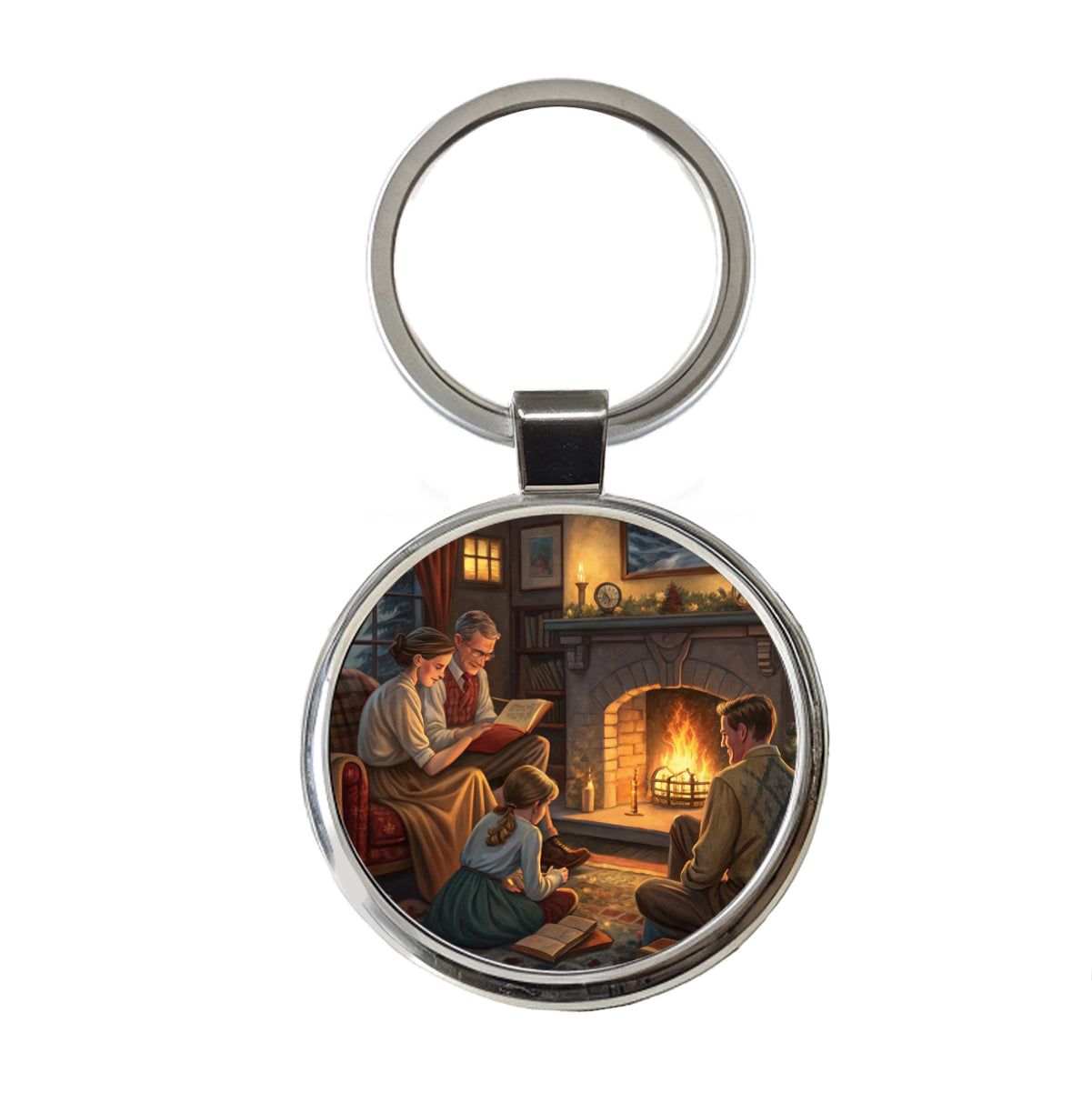 Reading by the Fireplace Americana Round Metal Keychain