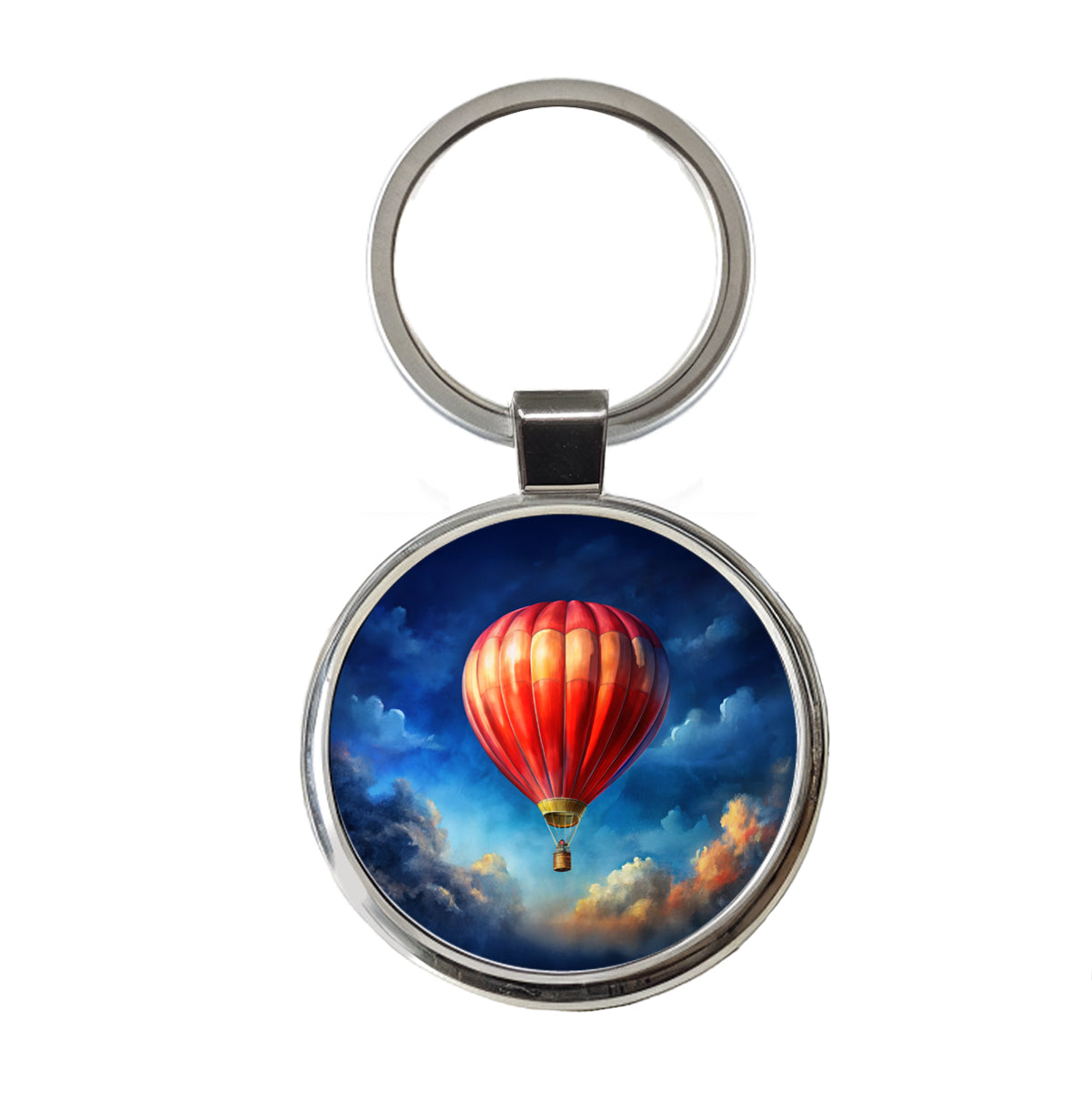 Red Hot Air Balloon in the Blue Sky Round Metal Keychain