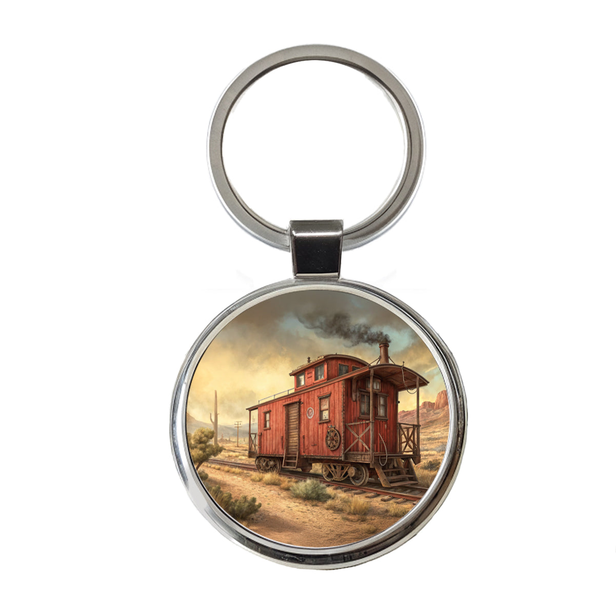 Red Train Caboose Old West Western Round Metal Keychain