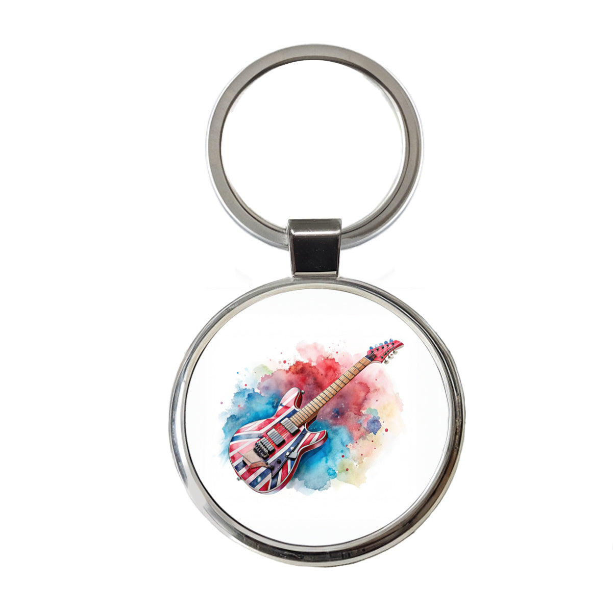 Red White Blue Rock and Roll Guitar Watercolor Round Metal Keychain