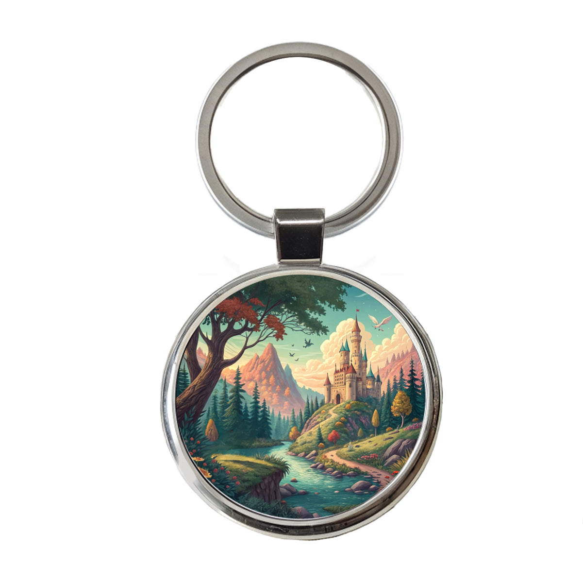 Retro Fantasy Art Castle Kingdom Scene Round Metal Keychain