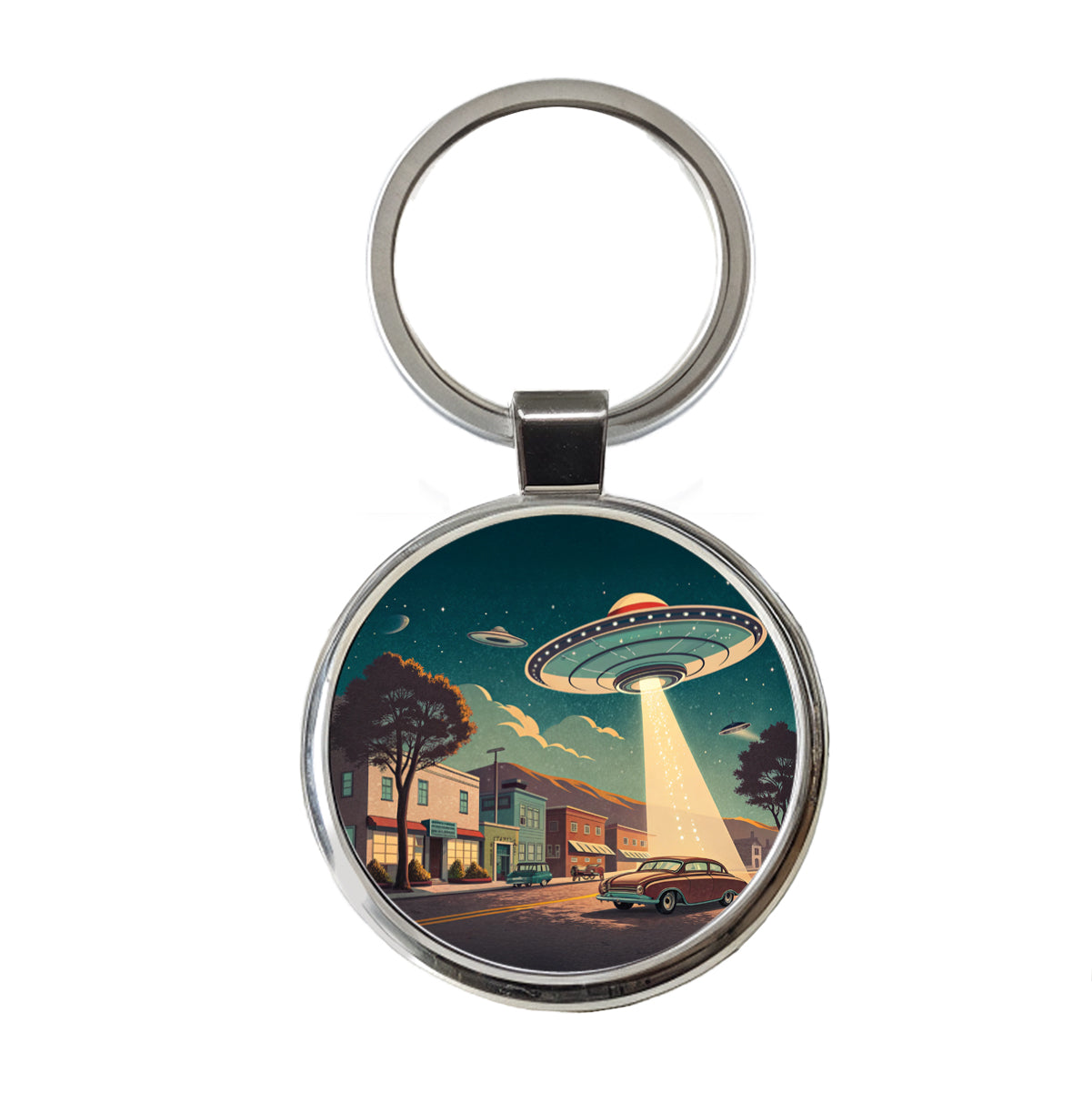 Retro Sci-fi 50's Poster Art Flying Saucer Round Metal Keychain