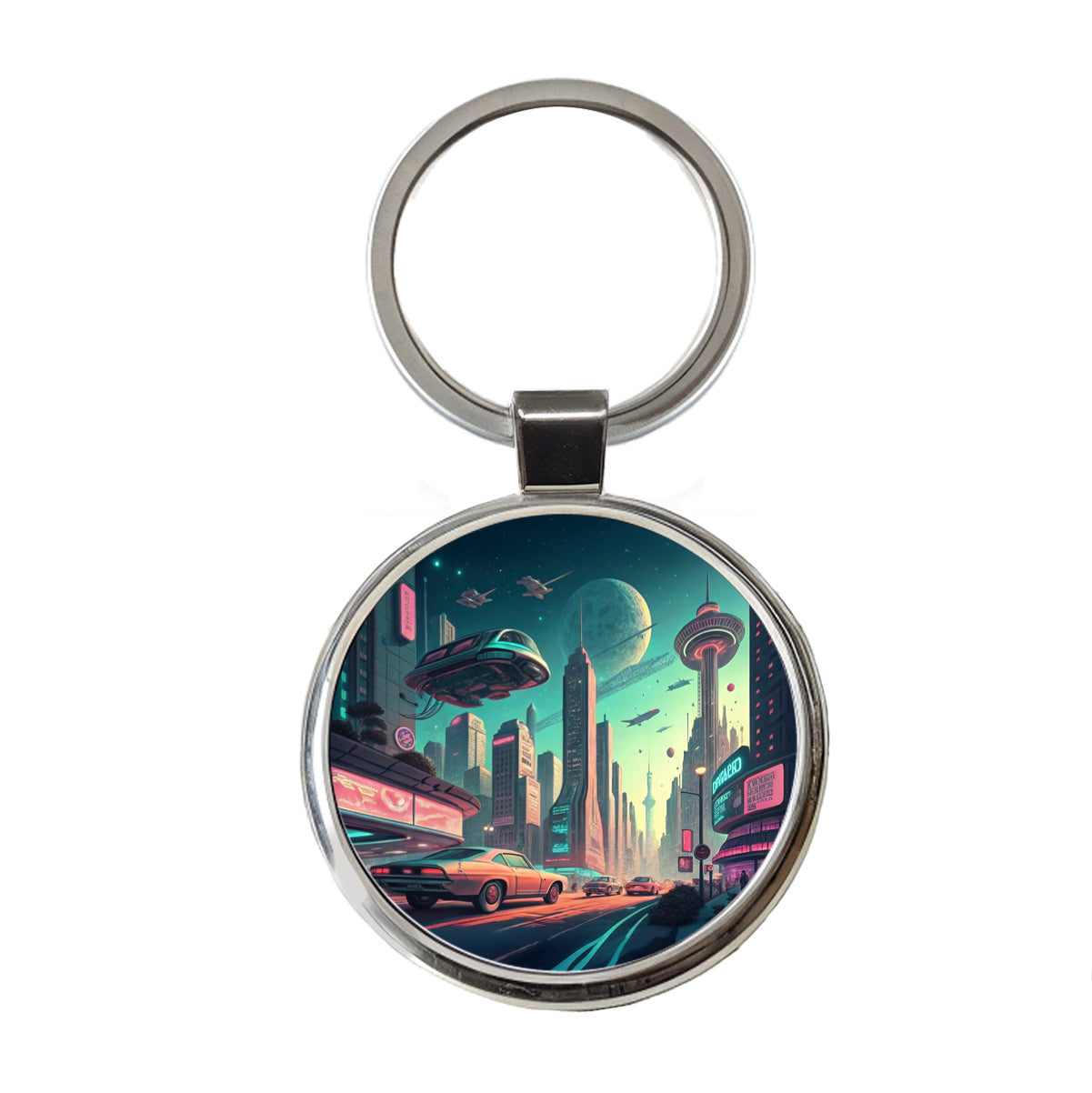 Retro Sci-fi Poster Art Futuristic City Scene Round Metal Keychain