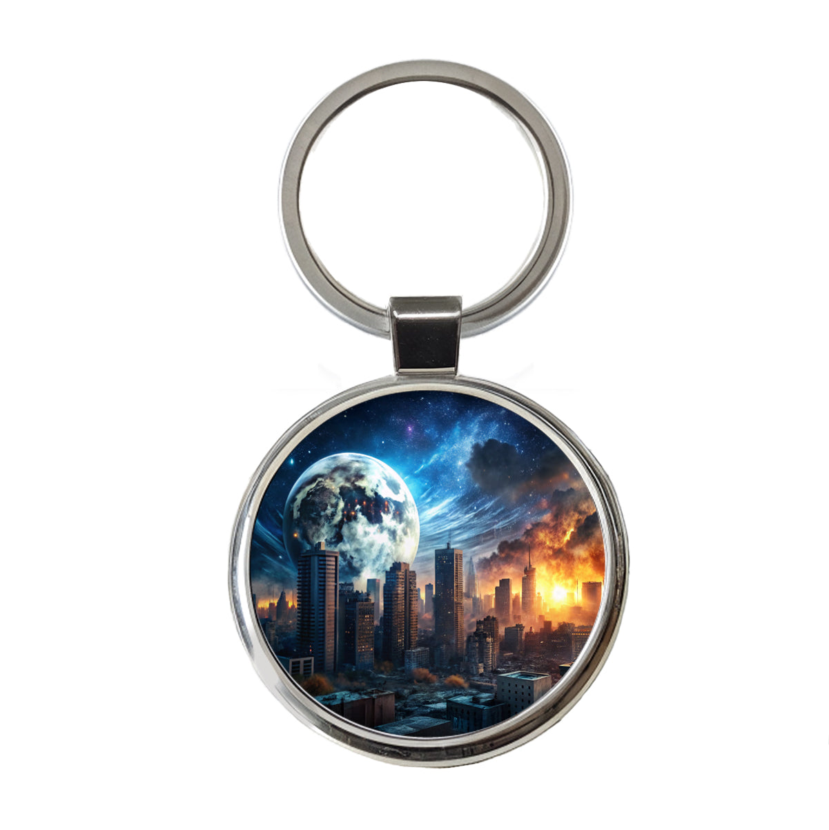 Sci-fi Apocalypse Cityscape City At Night Under a Large Full Moon Round Metal Keychain