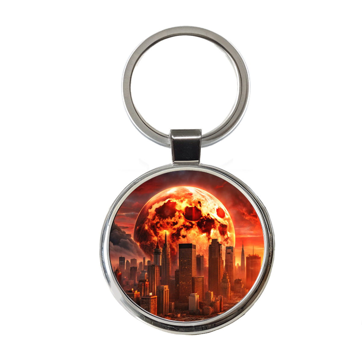 Sci-fi Apocalypse Cityscape Under A Red Full Moon Round Metal Keychain
