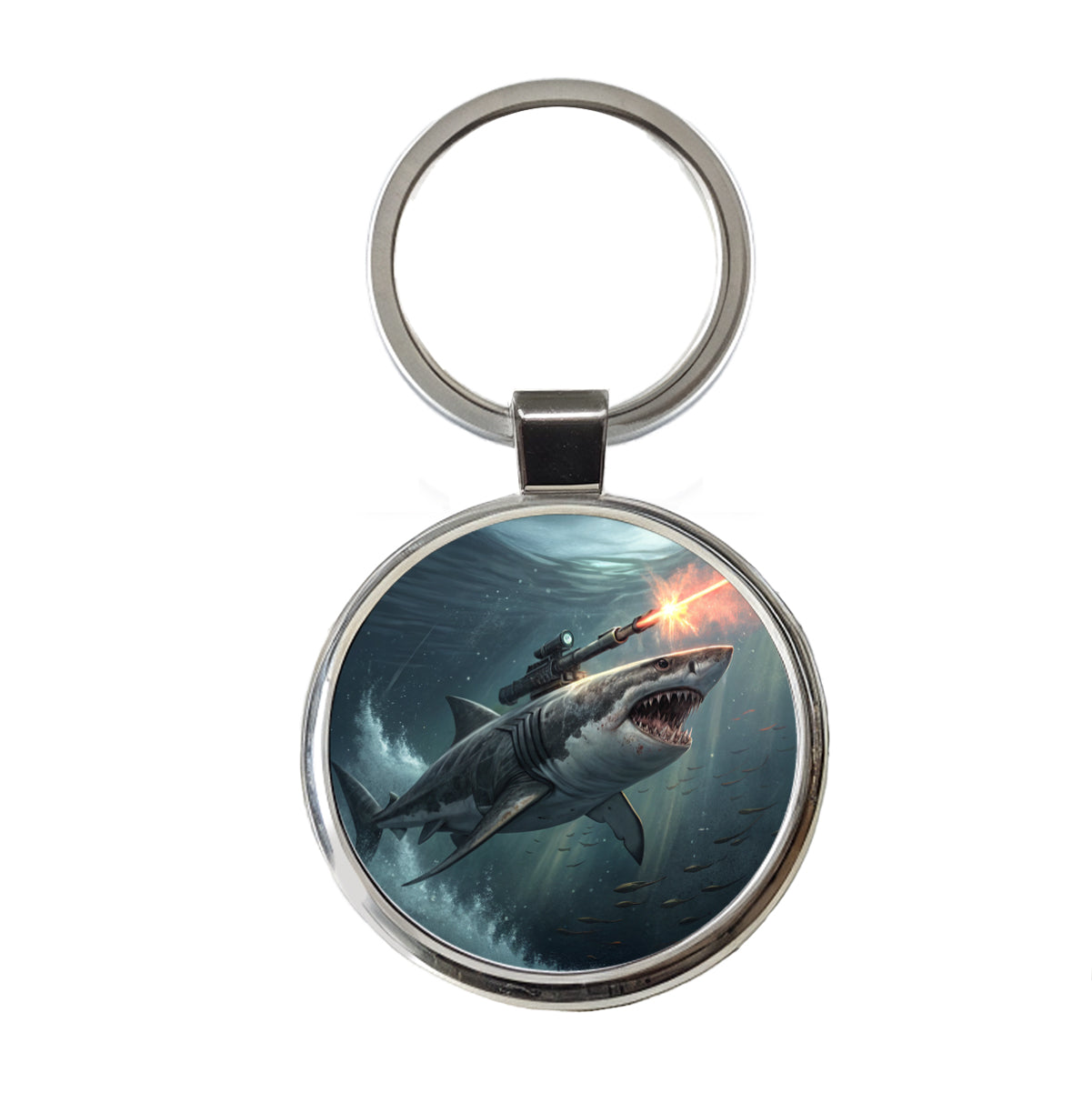 Shark With Laser Gun Mounted On Its Back Round Metal Keychain