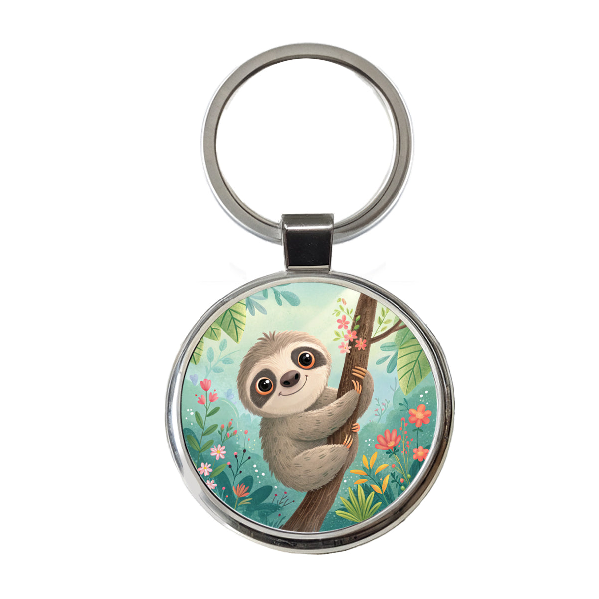 Sloth Children's Illustration Style Round Metal Keychain