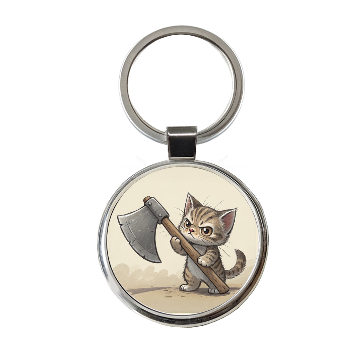 Small Cat Kitten Wielding a Large Axe Funny Fantasy Round Metal Keychain